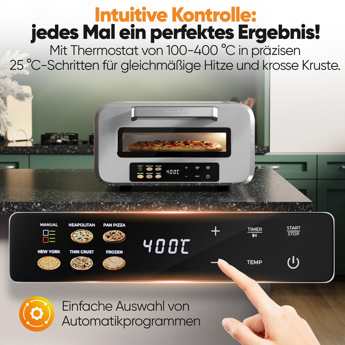 Pizzaofen Elektro 400°C echter Pizzastein inkl. Pizzaheber variable Zeit und Temperatur unter 5 Min PC PO 1323