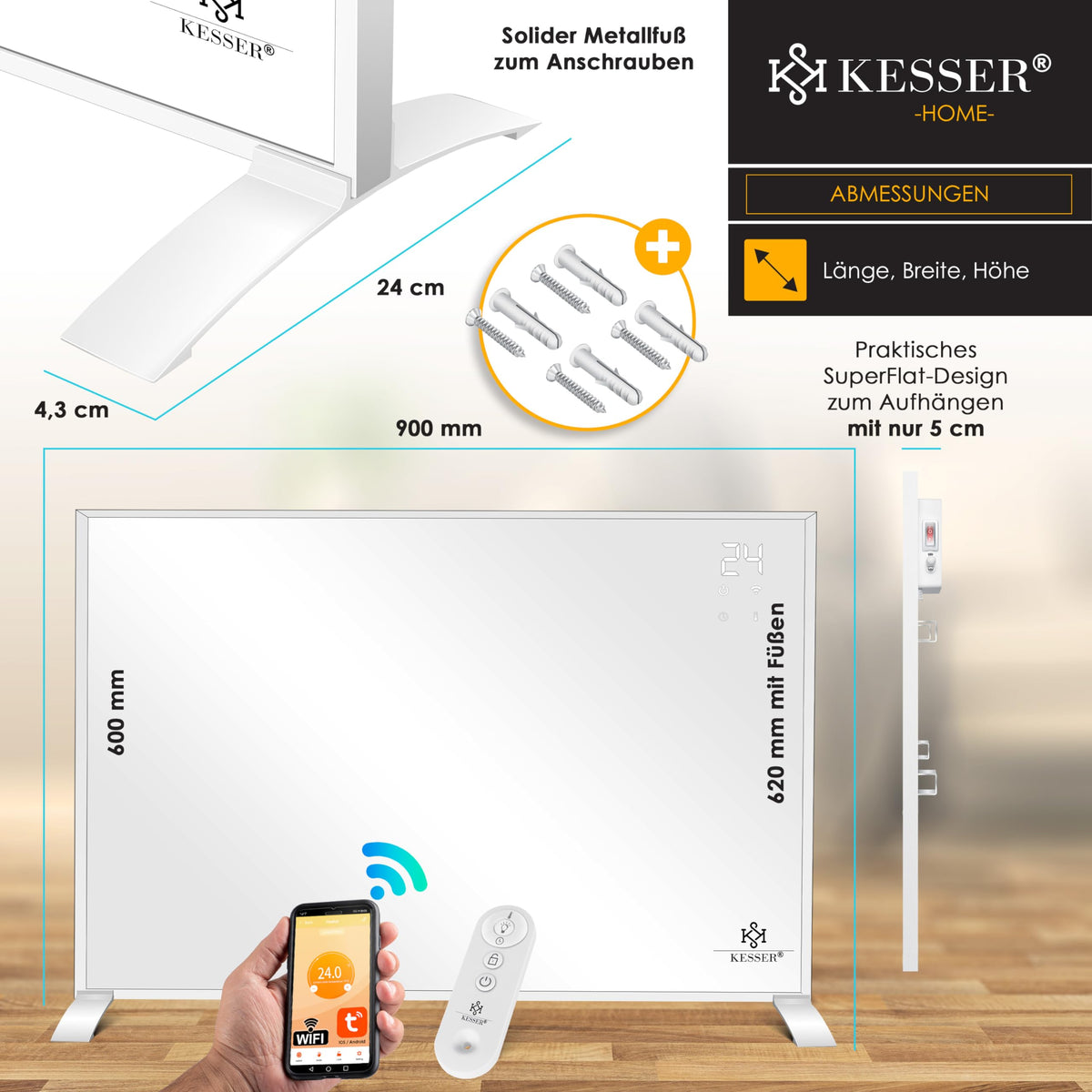 Infrarotheizung 540W energiesparend Standgerät und Wandmontage mit Fernbedienung Thermostat App Steuerung