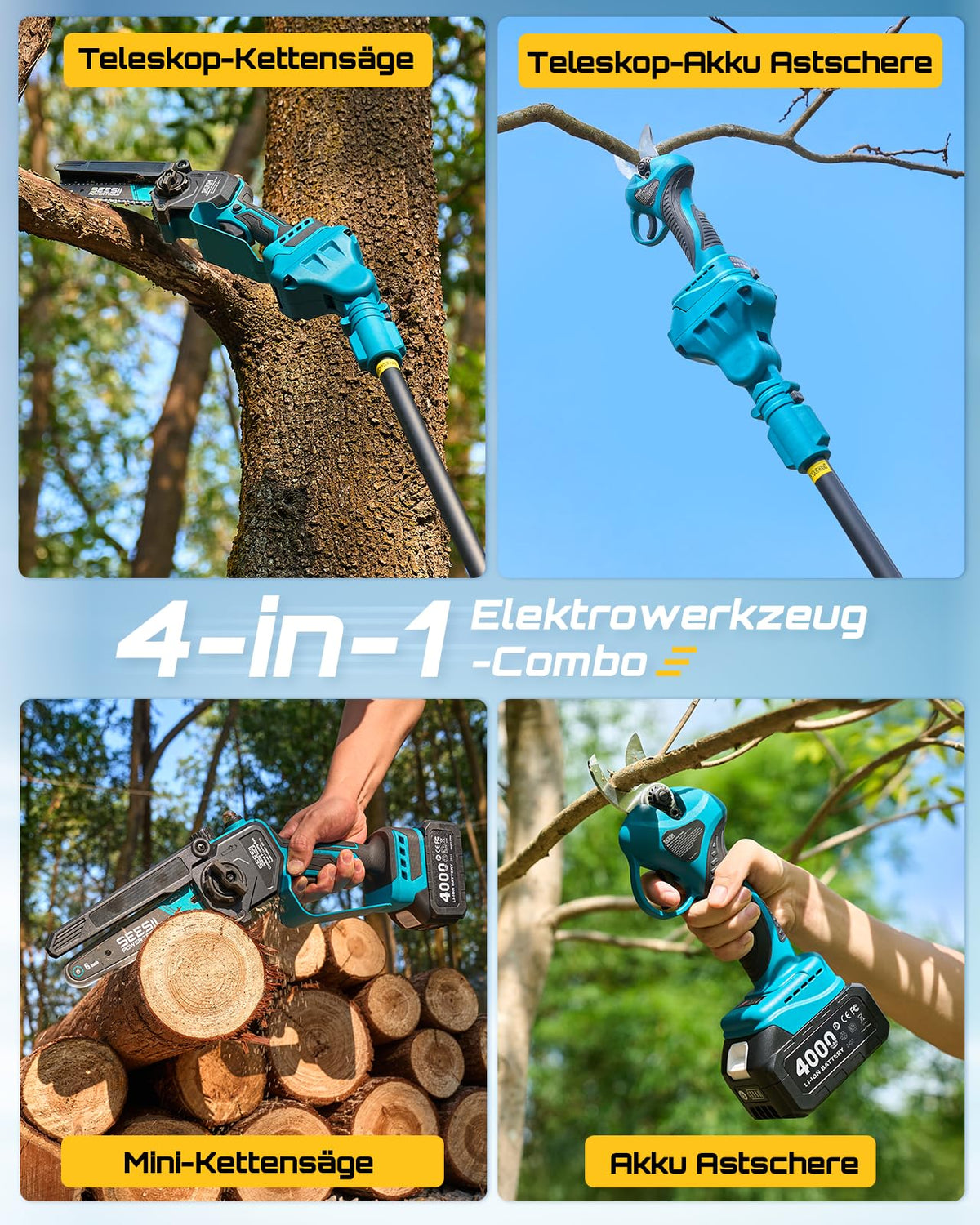 Akku Hochentaster Kettensäge Elektrisch 4 in 1 Teleskopsäge für Garten Ast Baum Baumpflege