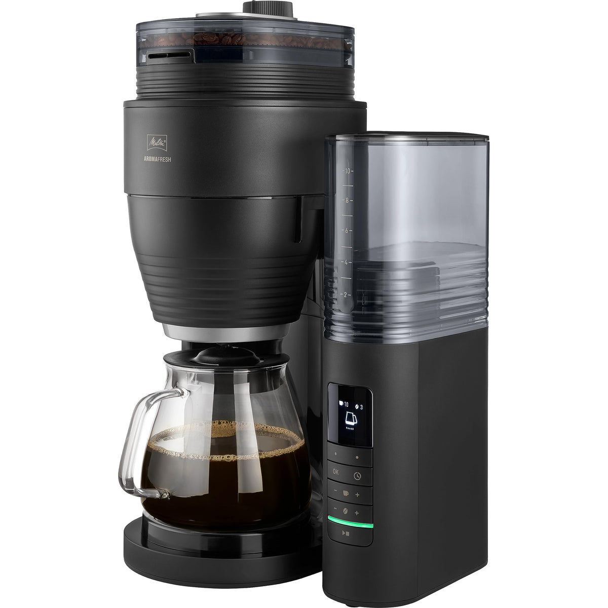 AromaFresh Pro X Filterkaffeemaschine mit Mahlwerk, Wassertank, Glaskanne, Timer für 10 Tassen, schwarz silber