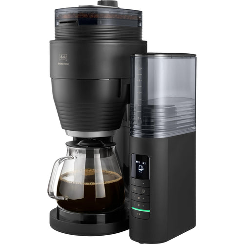 AromaFresh Pro X Filterkaffeemaschine mit Mahlwerk, Wassertank, Glaskanne, Timer für 10 Tassen, schwarz silber