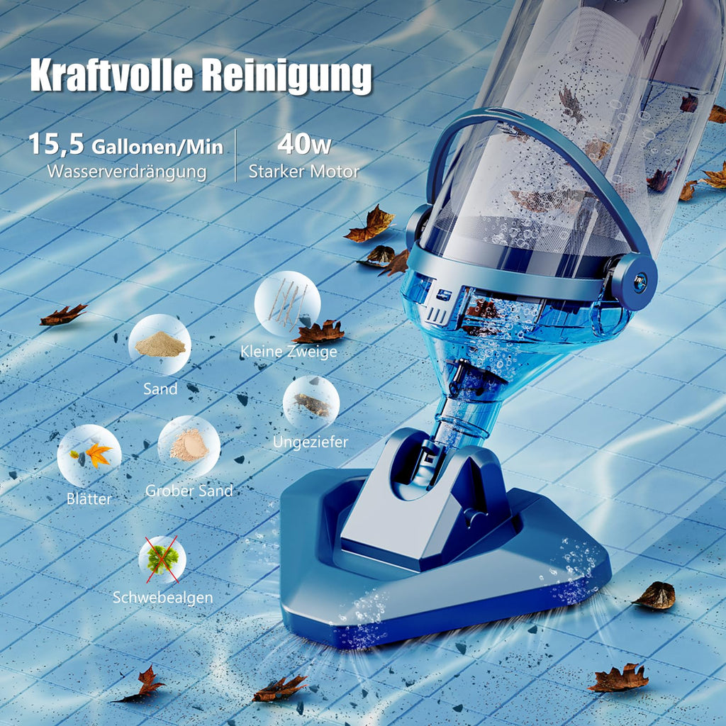 Akku Poolsauger 60 Min 222 cm Teleskopstange 4 Filter Absaugung 4200 l pro Stunde für oberirdische Pools blau