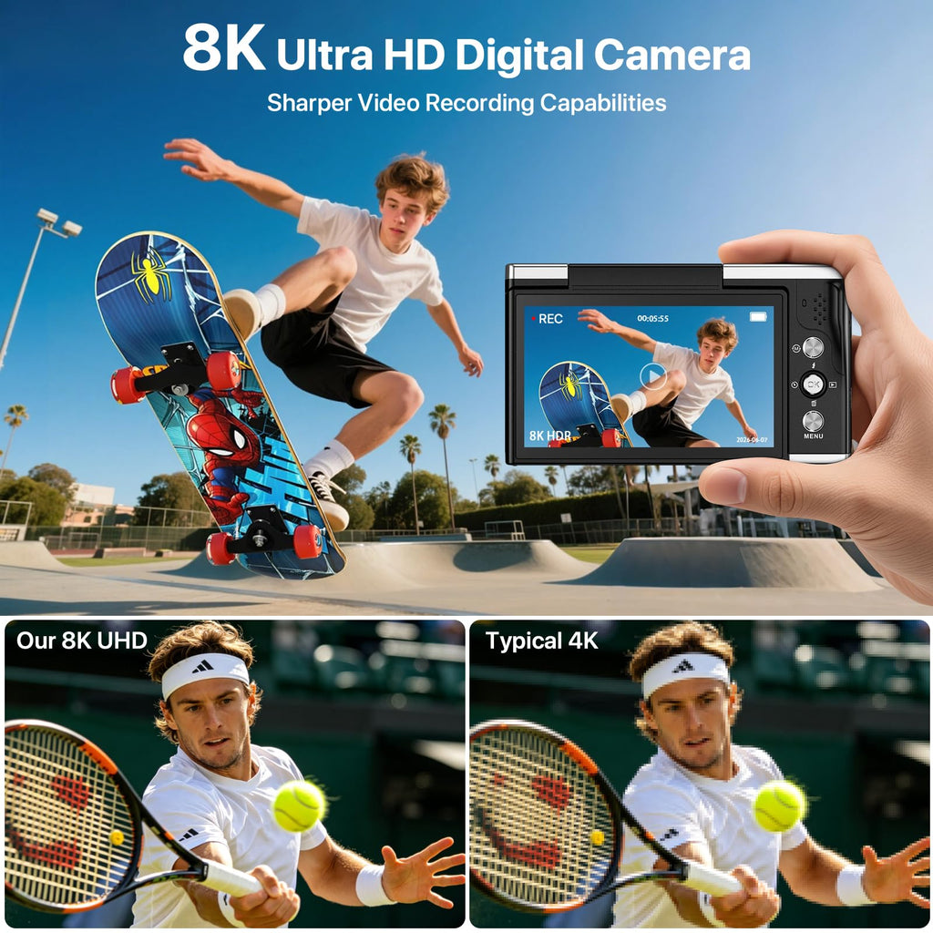 Digitalkamera 8K 96MP mit WLAN 20X Zoom Autofokus Anti Shake 3,5 Zoll 180 Grad Klappdisplay 32GB SD 2 Akkus