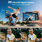 Digitalkamera 8K 96MP mit WLAN 20X Zoom Autofokus Anti Shake 3,5 Zoll 180 Grad Klappdisplay 32GB SD 2 Akkus