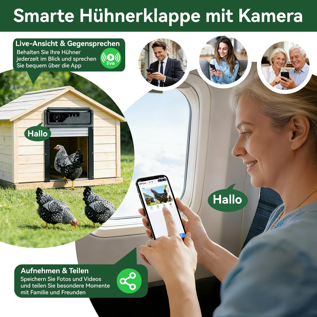 1080P Kamera Automatische Hühnerklappe mit Solar und WiFi App Steuerung für Hühnerstall und Stalltür