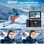 Digitalkamera 8K 96MP mit WLAN 20X Zoom Autofokus Anti Shake 3,5 Zoll 180 Grad Klappdisplay 32GB SD 2 Akkus