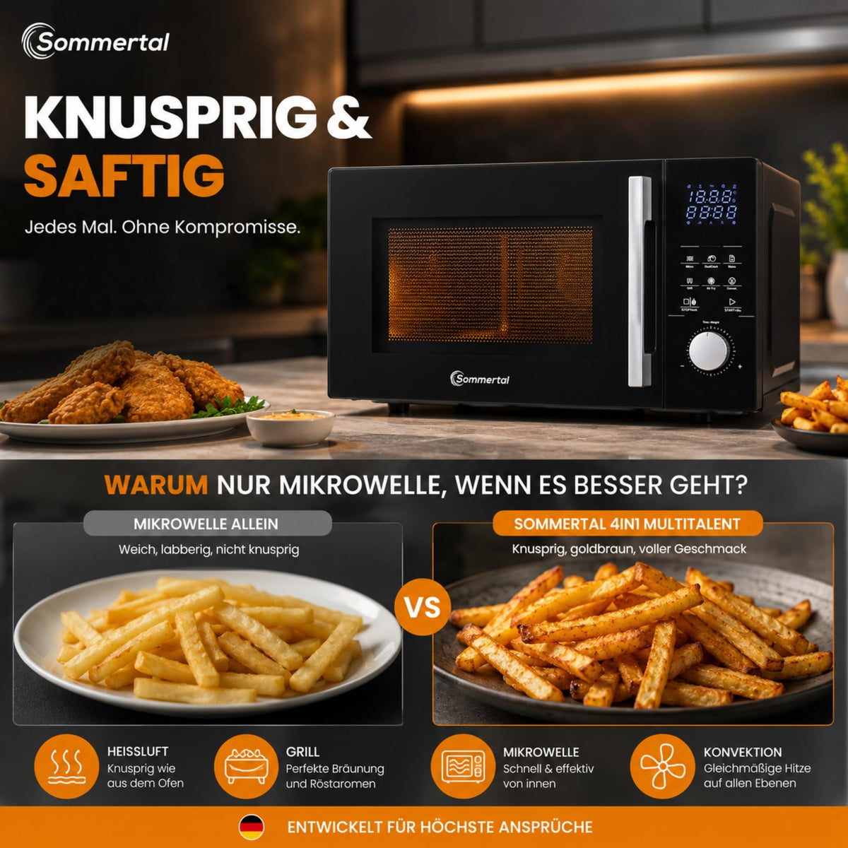 4in1 Mikrowelle 25L 2200W mit Grill Airfryer Heißluftfritteuse Touch und 8 Programmen für Küche Haushalt