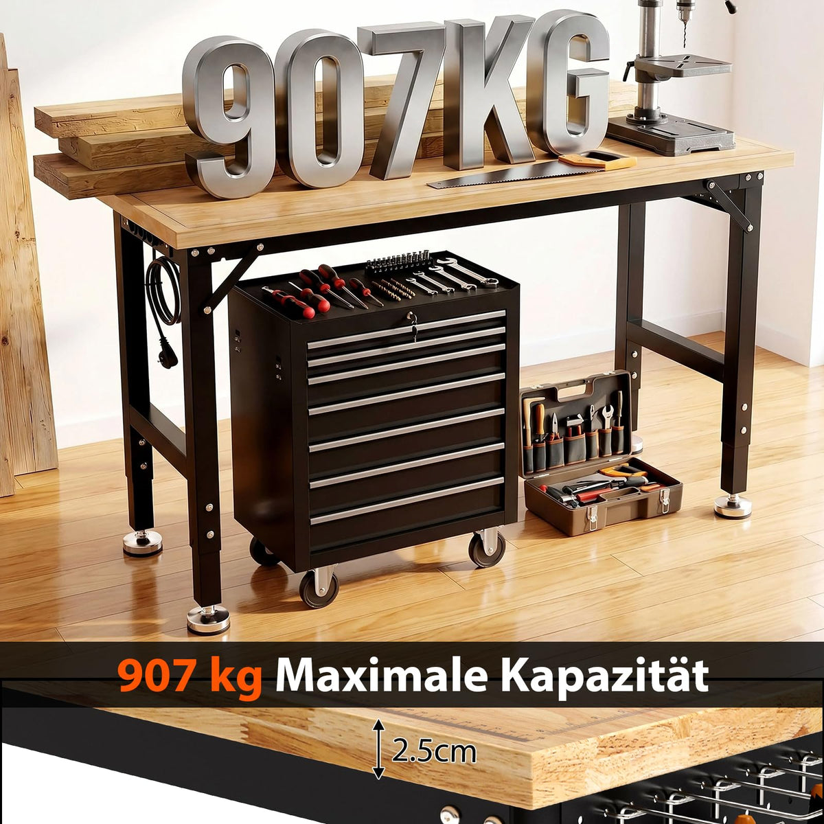 Schwerlast Werkbank verstellbar 122 cm Werktisch aus Gummibaumholz robuste Arbeitsbank für Werkstatt