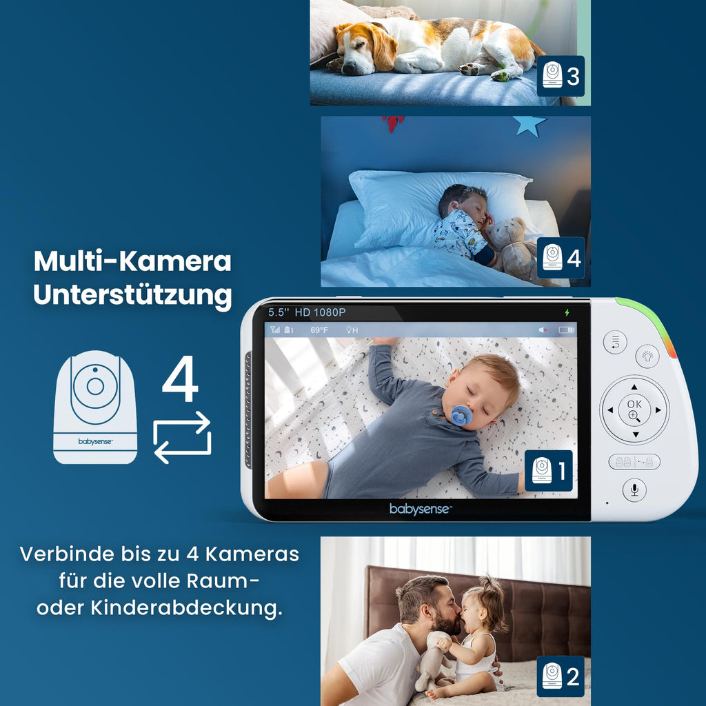 Full HD Split Screen Babyphone 2 Kameras Nachtlicht 6 Farben Geräusch Lichtmaschine 20h abhörsicher ohne WLAN