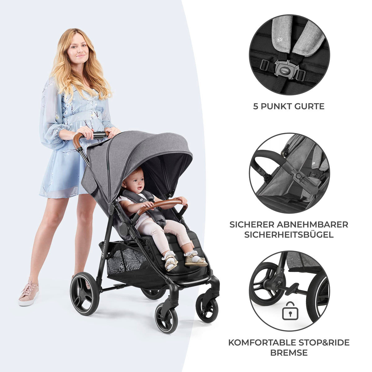 Grande Plus Buggy von Geburt bis 22 kg einhandfaltbar Liegeposition Verdeck mit Fenster 4 gefederte Räder Grau