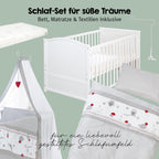 Babybett Set Adam und Eule 70x140 cm Bettwäsche Himmel Matratze höhenverstellbar Juniorbett umbaubar Holz weiß
