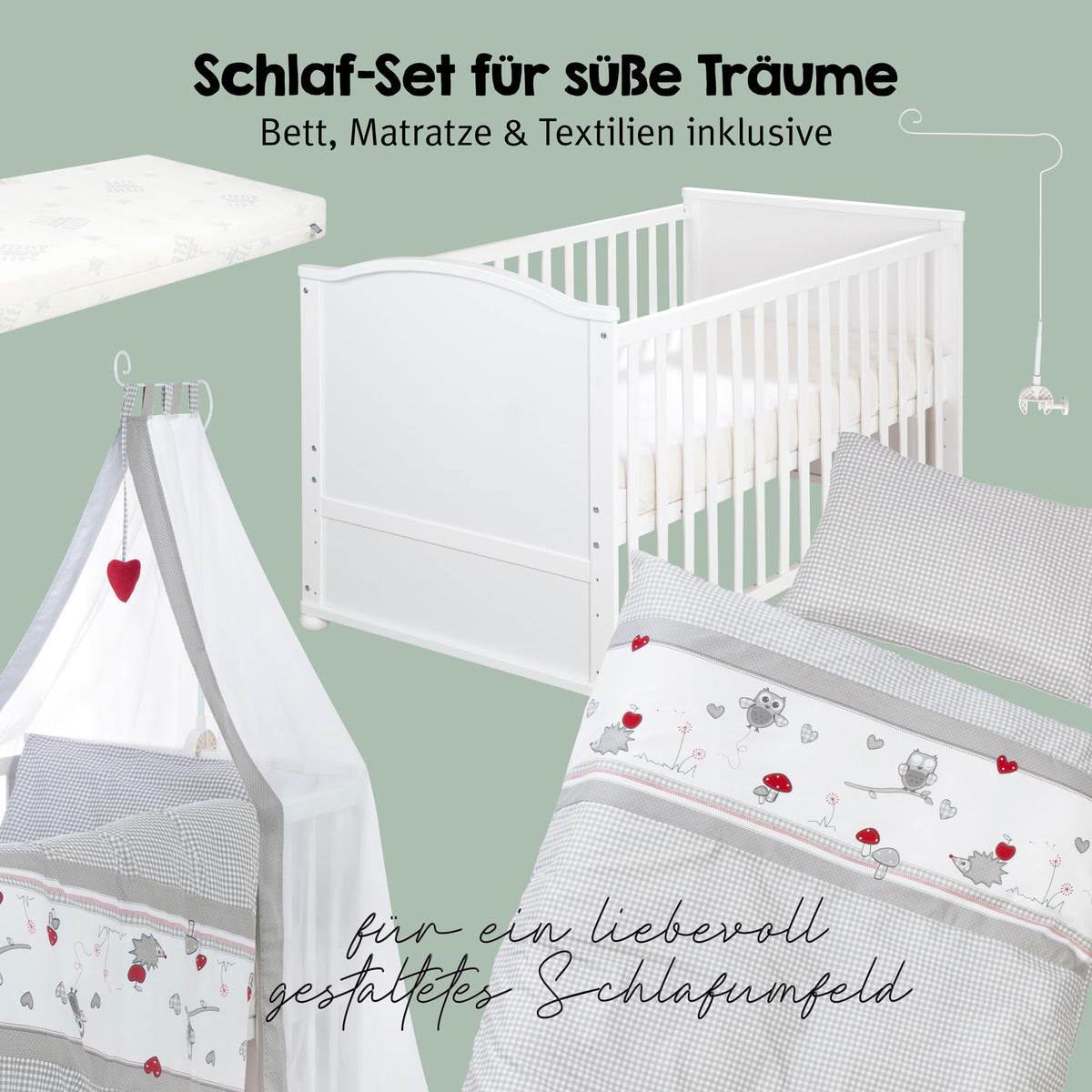 Babybett Set Adam und Eule 70x140 cm Bettwäsche Himmel Matratze höhenverstellbar Juniorbett umbaubar Holz weiß