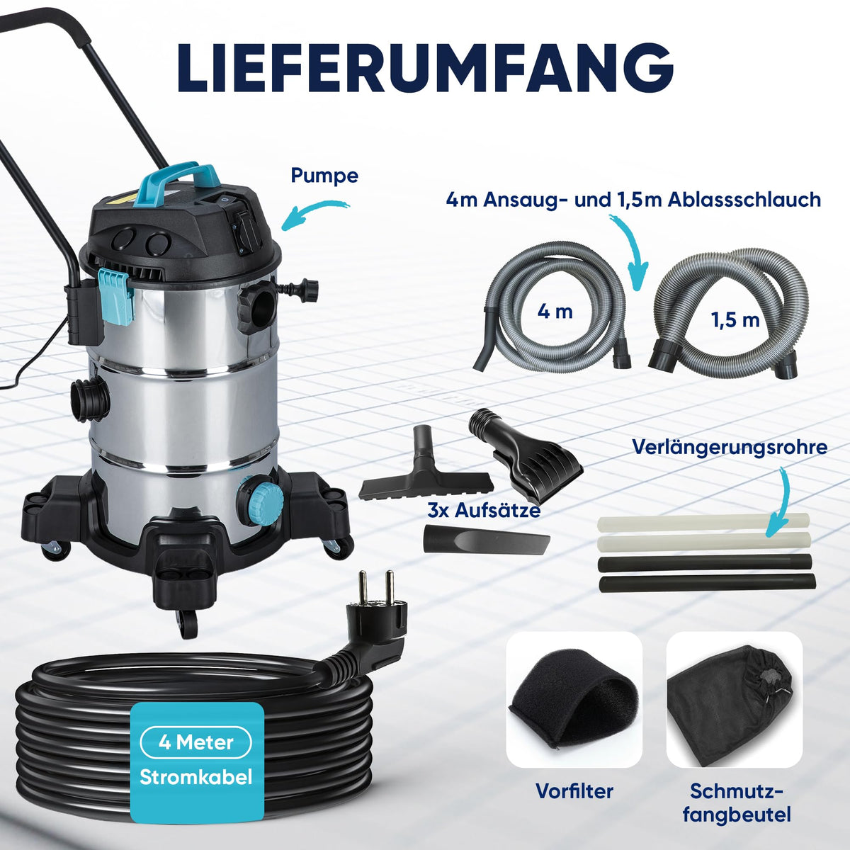Teichsauger Schlammsauger Groß Neues Modell 1200 Watt Pumpsauger 35 Liter mit Wasserrückführung Algensauger