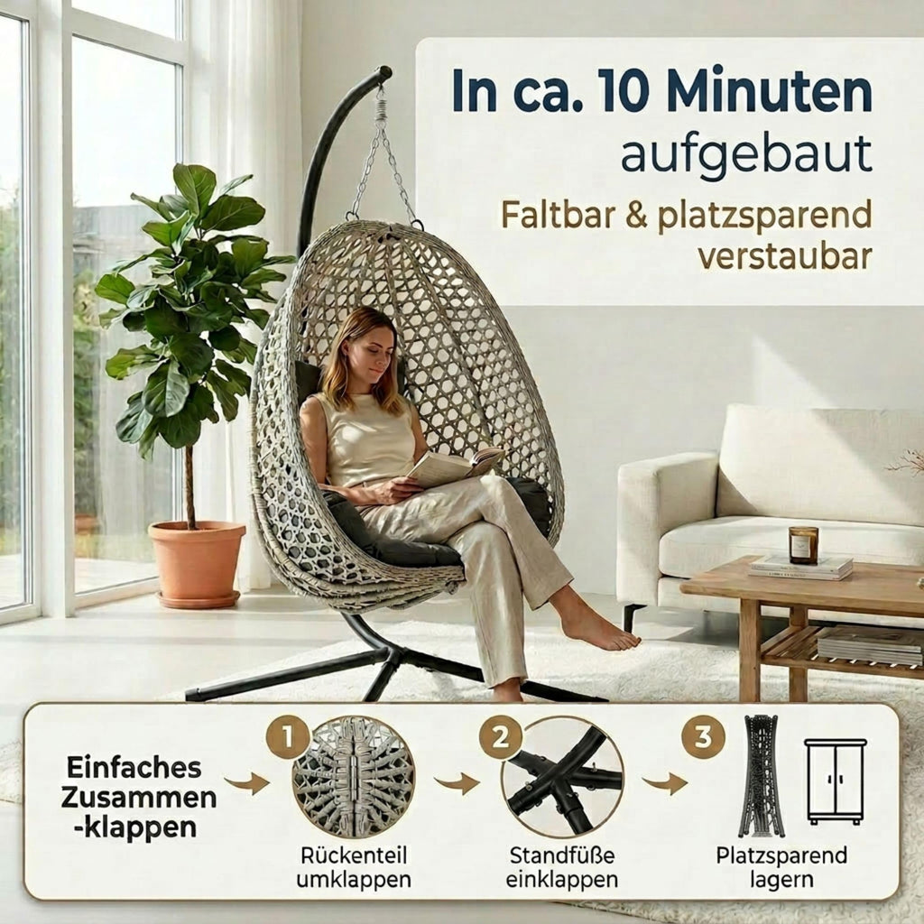 Hängesessel mit Gestell Outdoor Indoor, Sommer Winter Wendebezug, bis 150 kg, faltbar, mit Abdeckplane, Grau