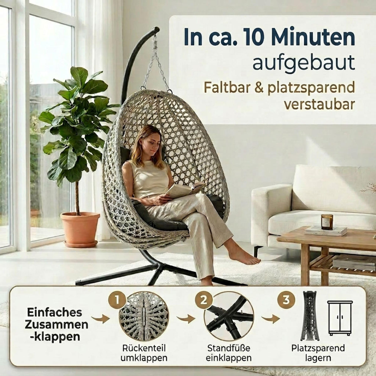Hängesessel mit Gestell Outdoor Indoor, Sommer Winter Wendebezug, bis 150 kg, faltbar, mit Abdeckplane, Grau