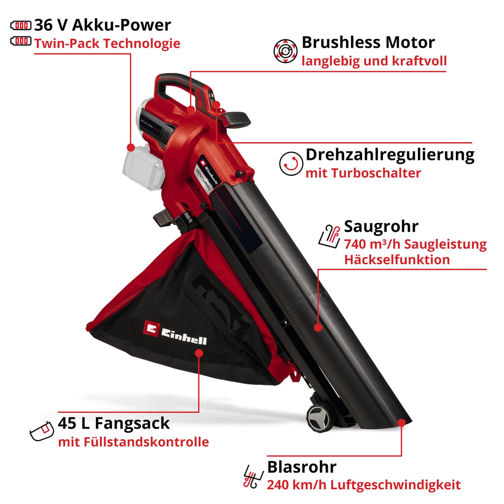 Profi Akkulaubsauger VENTURRO 36/240 36V Laubbläser Laubsauger mit Blasfunktion und Saugfunktion für Garten