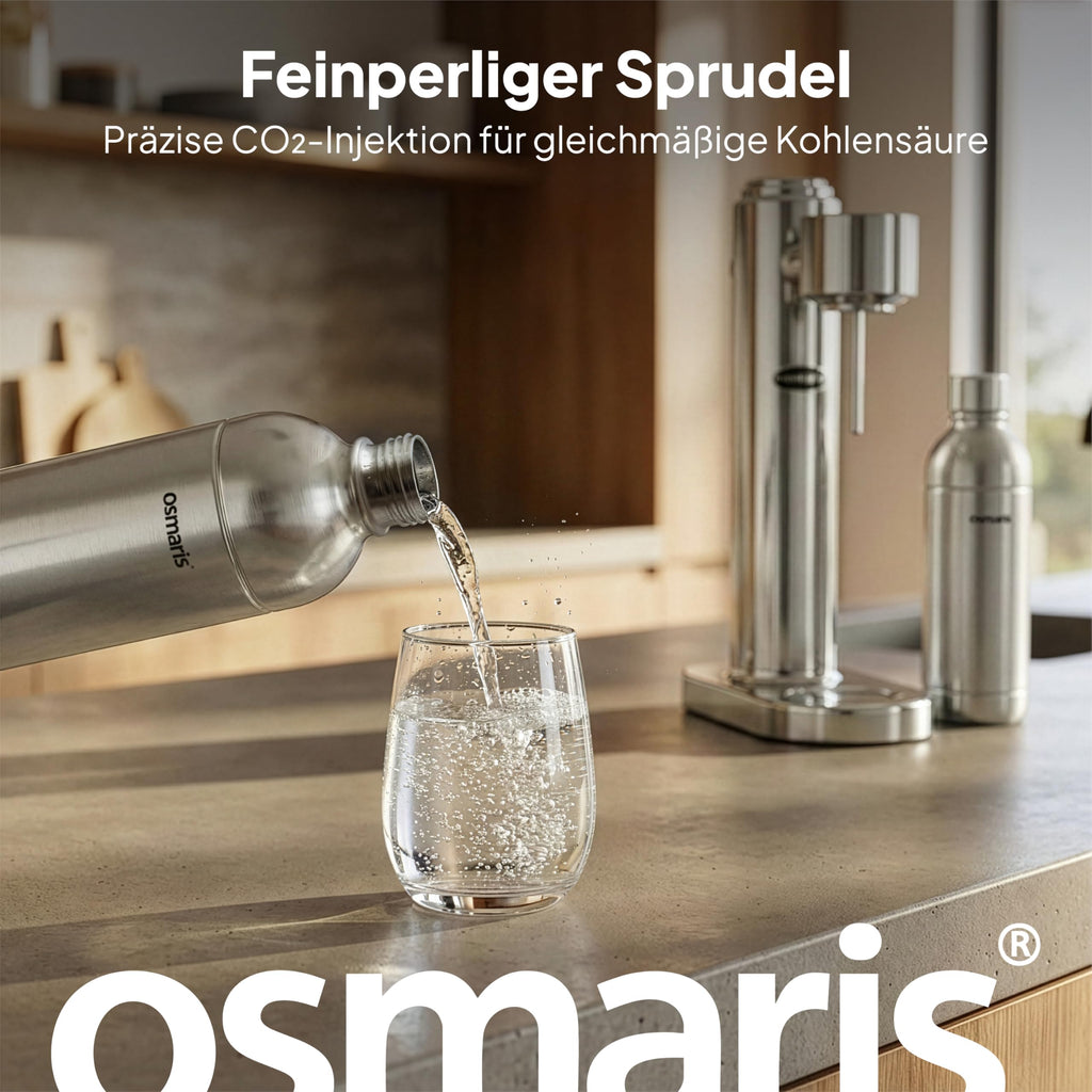 Wassersprudler Edelstahl inkl 2x 1,1 L Edelstahlflaschen geschmacksneutral 100% dicht Druckablassventil Küche
