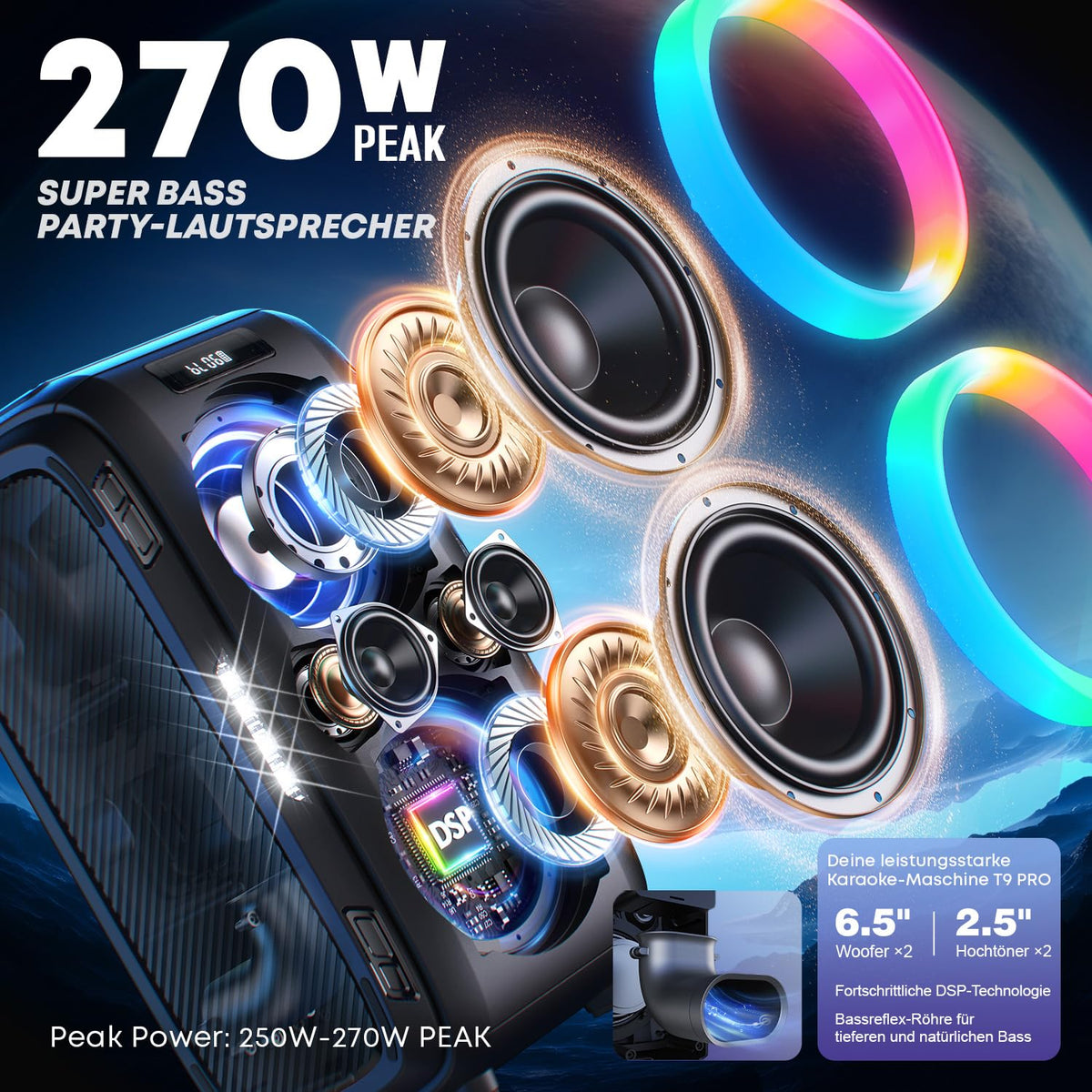 Musikbox Bluetooth Lautsprecher große Party Boom Box 270W Peak für Outdoor leistungsstark tragbar