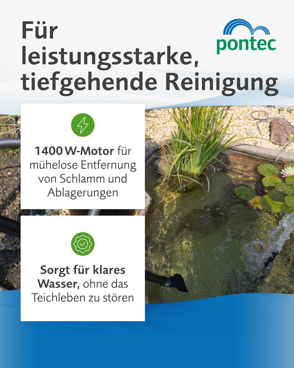 Pondomatic Teichschlammsauger 1400 W 30 L Auffangvolumen 3 Düsen 4 m Kabel