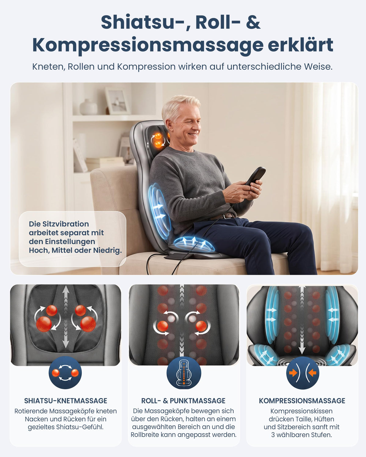 Shiatsu Massagesitzauflage mit Wärme für Rücken Nacken Schulter Entspannung Stressabbau ergonomisch