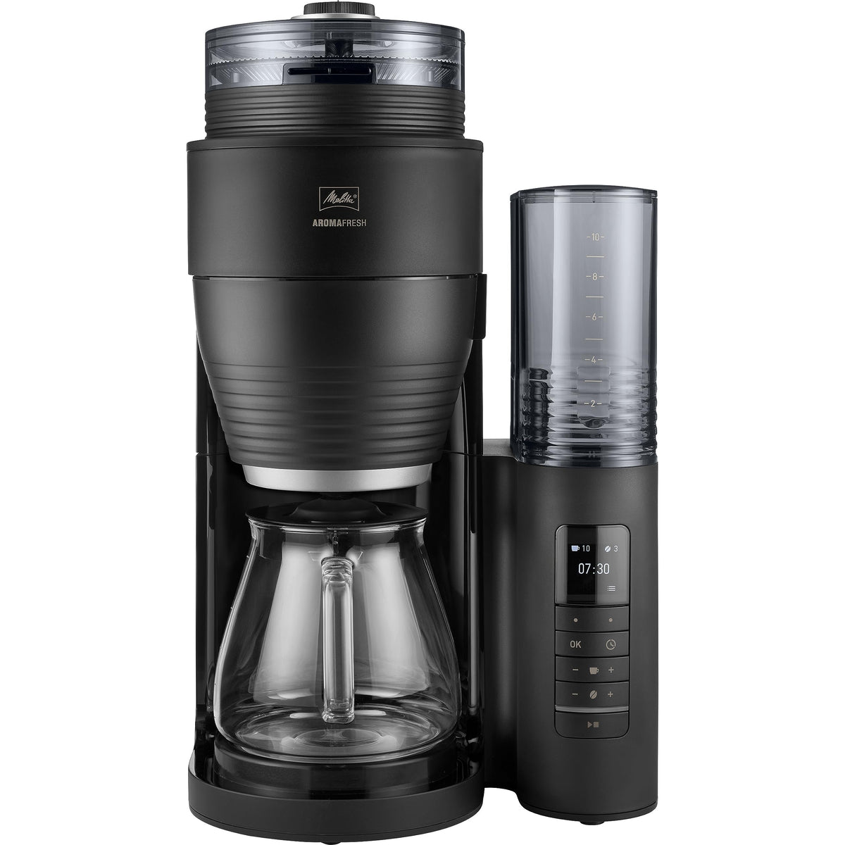 AromaFresh Pro X Filterkaffeemaschine mit Mahlwerk, Wassertank, Glaskanne, Timer für 10 Tassen, schwarz silber