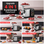 Elektrofleischwolf 3000W Max LED Anzeige 9 Stufen Edelstahl Schneideaufsatz Wurstfüller Kibbe Maker Behälter