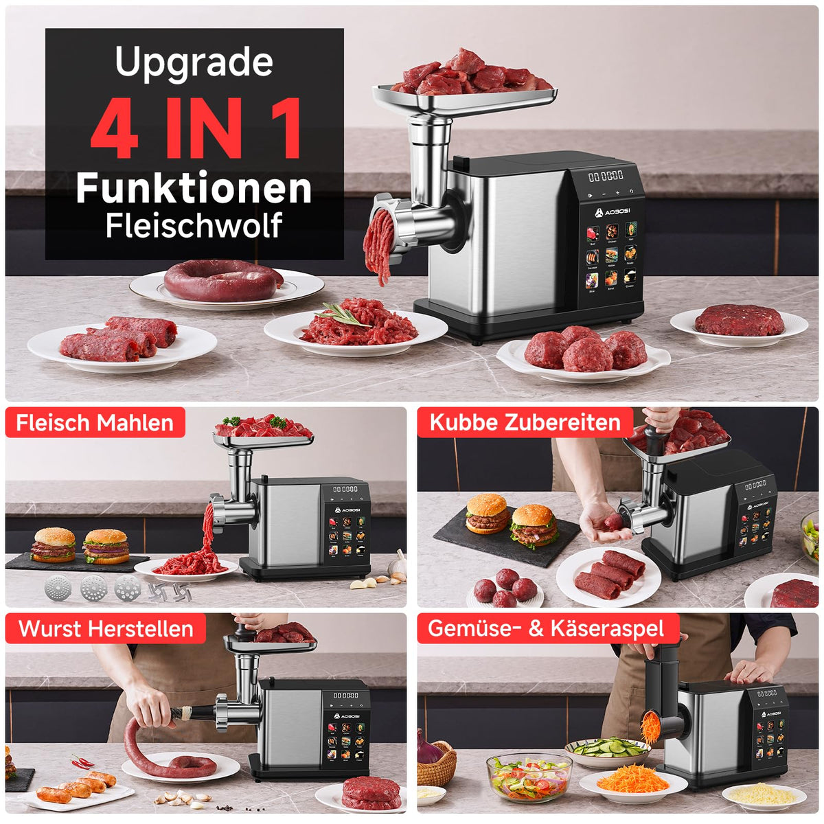 Elektrofleischwolf 3000W Max LED Anzeige 9 Stufen Edelstahl Schneideaufsatz Wurstfüller Kibbe Maker Behälter