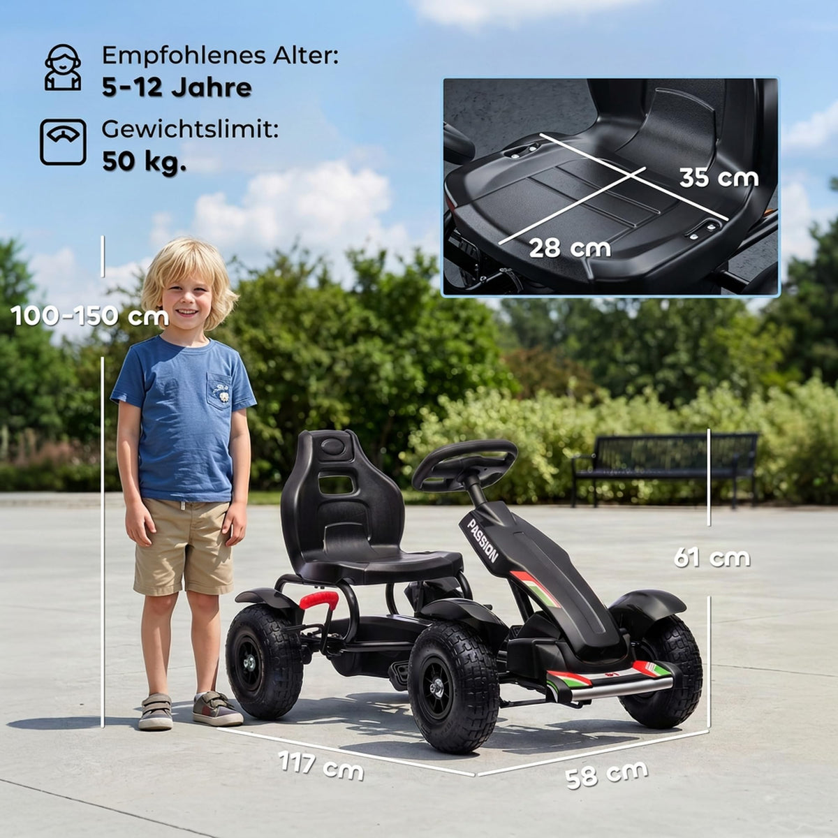 Gokart Tretauto Kinderfahrzeug mit Handbremse Pedal Gokart Schwarz