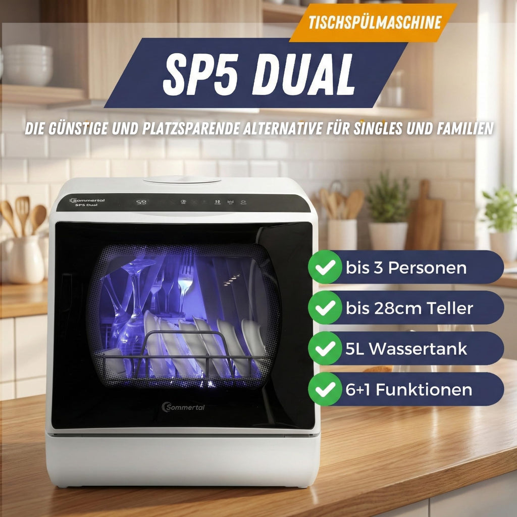 Kompakter Mini Tischgeschirrspüler SP5 mit 5L Tank 6 plus 1 Funktionen Touch LED Energieklasse F