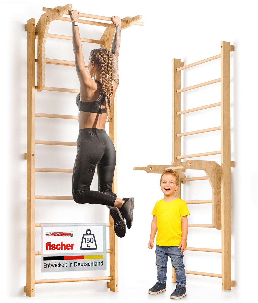 Sprossenwand für Erwachsene und Kinder mit Klimmzugstange und Dip Extension Kletterwand fürs Kinderzimmer
