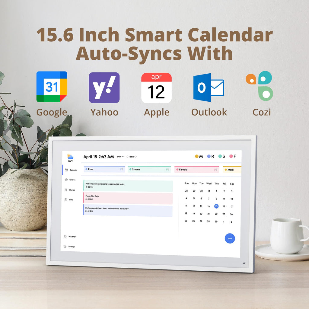 15.6 Zoll Digitaler Wandkalender 1920x1080 FHD Familienplaner 32GB Speicher Wandhalterung Touchscreen Weiß