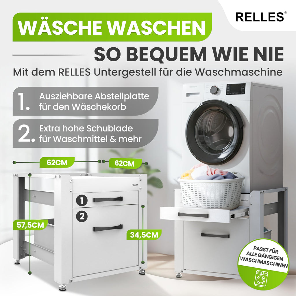 Untergestell mit Schublade Ablage 500 kg Stahl 62x62x57,5cm Podest für Waschmaschine Trockner höhenverstellbar