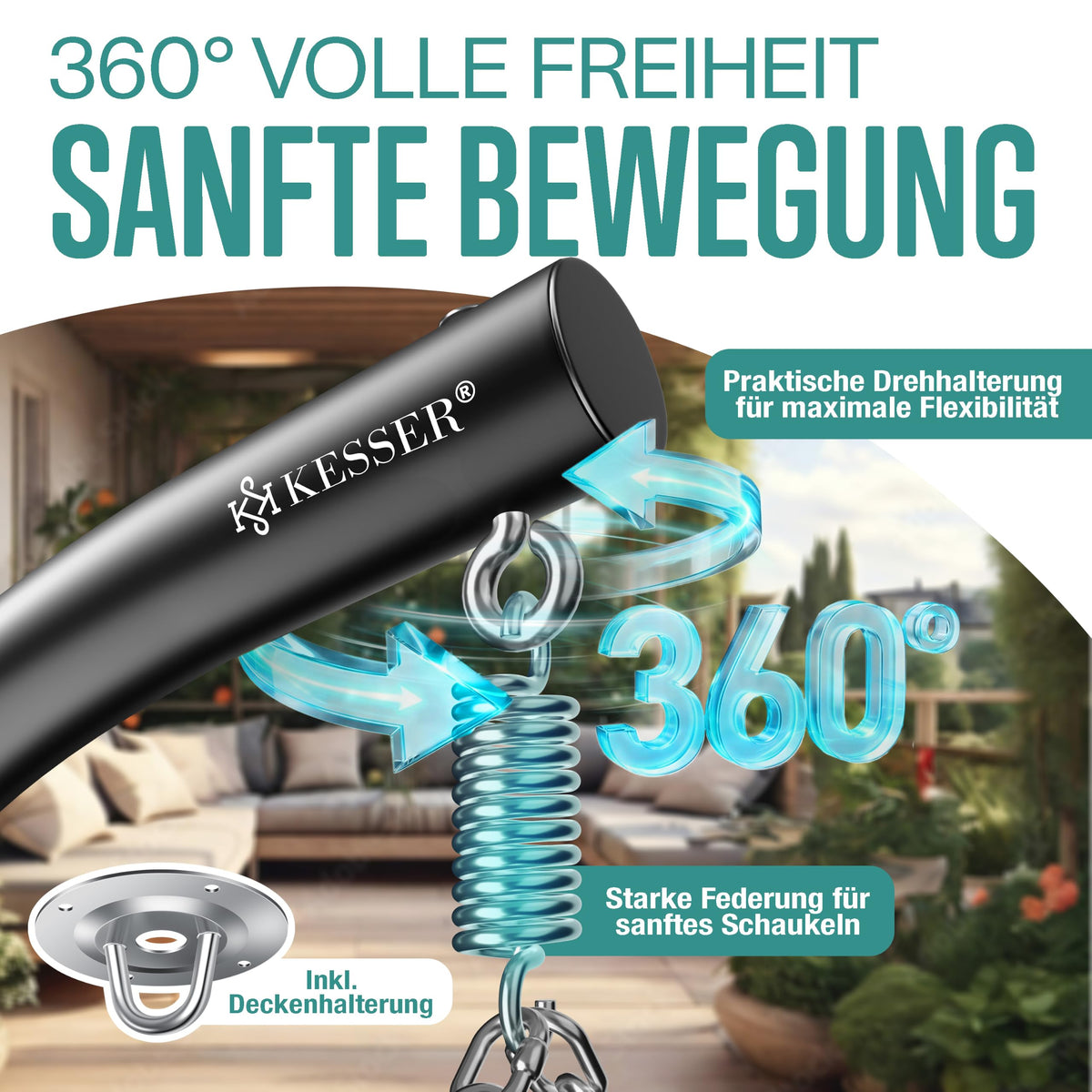 Hängesessel mit Gestell Polyrattan Outdoor Indoor 360° 150kg inkl Polsterkissen 2in1 Deckenhalterung Cover