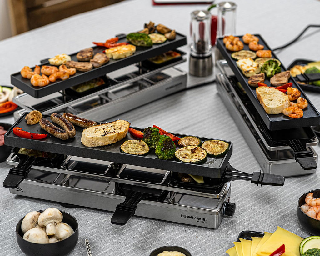 RC 1600 Raclette Grill für 8 Personen erweiterbar Parkdeck Alu Druckguss Grillplatte Antihaft 1460 W silber