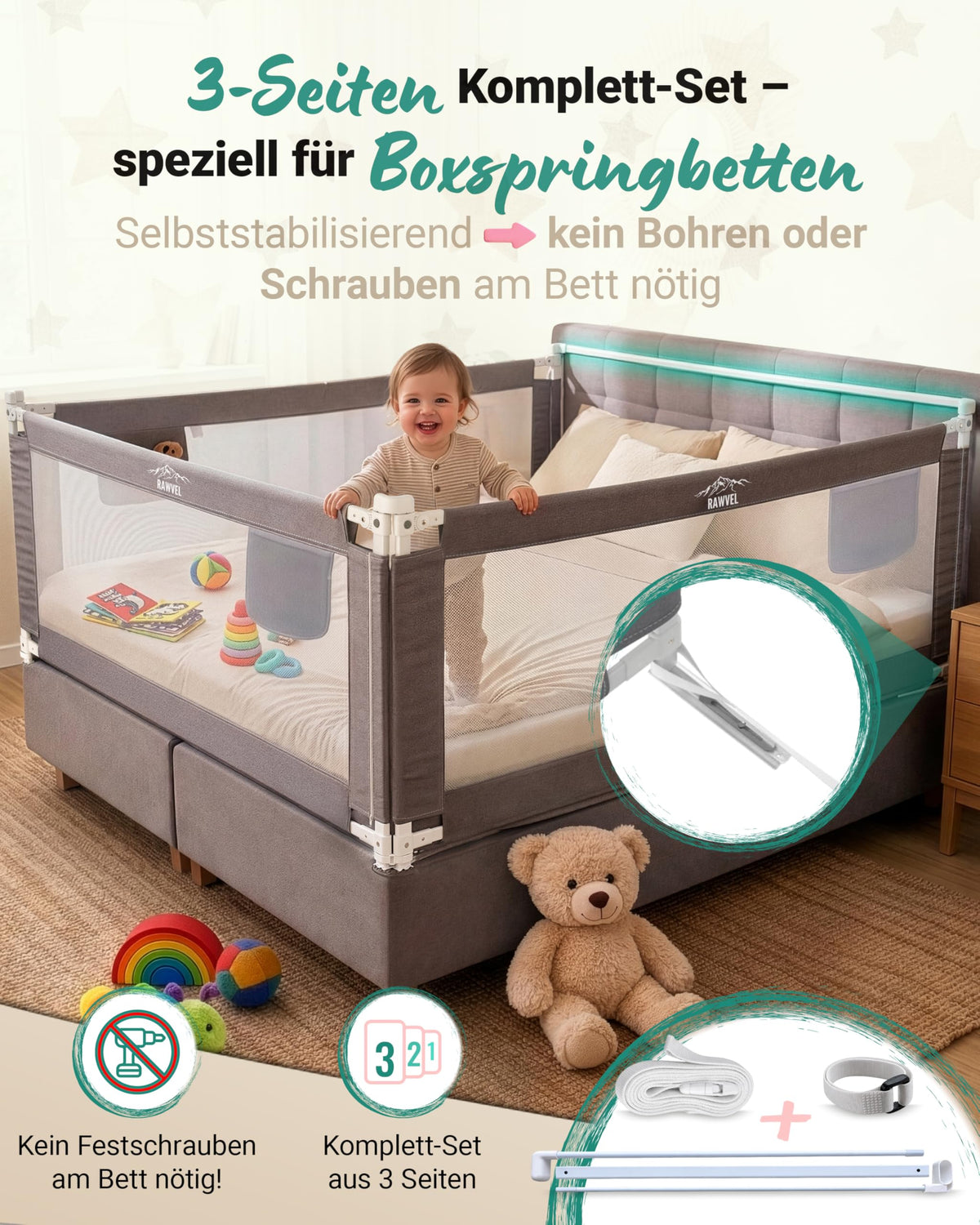 Bettgitter Rausfallschutz Boxspringbett 180x200 cm 3 Seiten Stange laborgeprüft Elternbett deutsche Anleitung