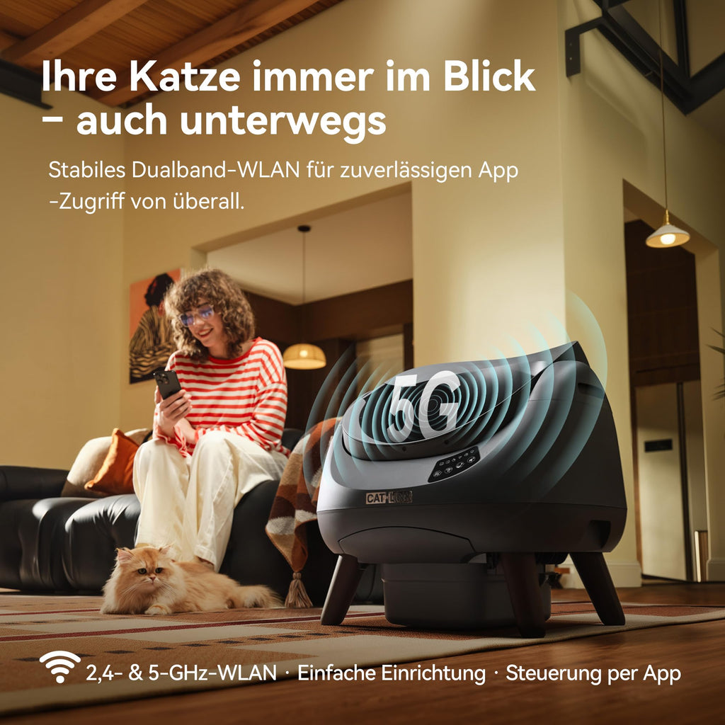 Selbstreinigendes Katzenklo XXL, offenes Top Design, 5 GHz WLAN, 12L, für alle Streuarten, Mehrkatzen, grau