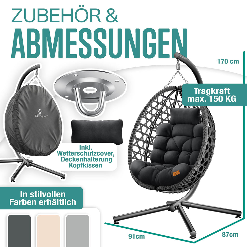 Hängesessel mit Gestell Polyrattan Outdoor Indoor 360° 150kg inkl Polsterkissen 2in1 Deckenhalterung Cover