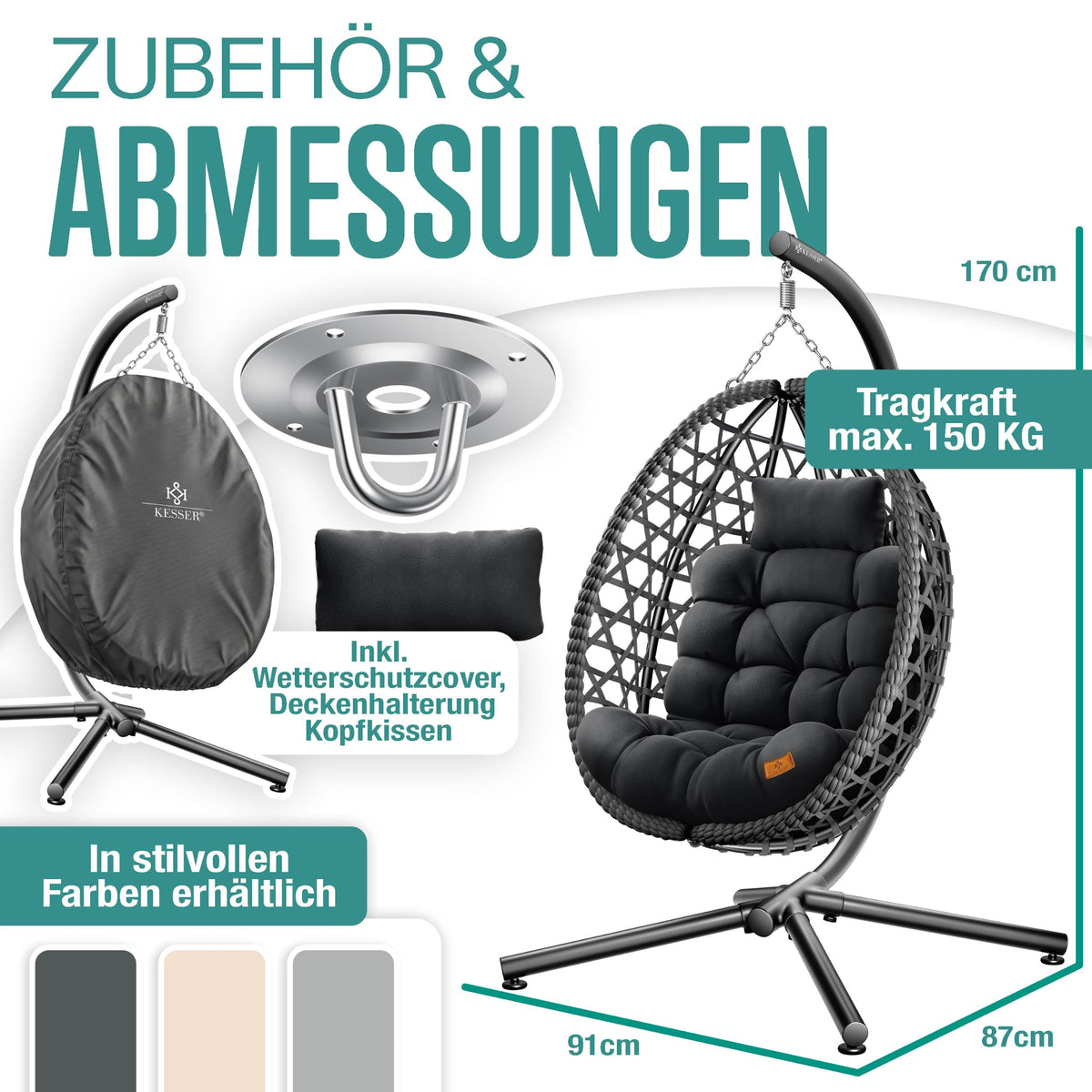 Hängesessel mit Gestell Polyrattan Outdoor Indoor 360° 150kg inkl Polsterkissen 2in1 Deckenhalterung Cover