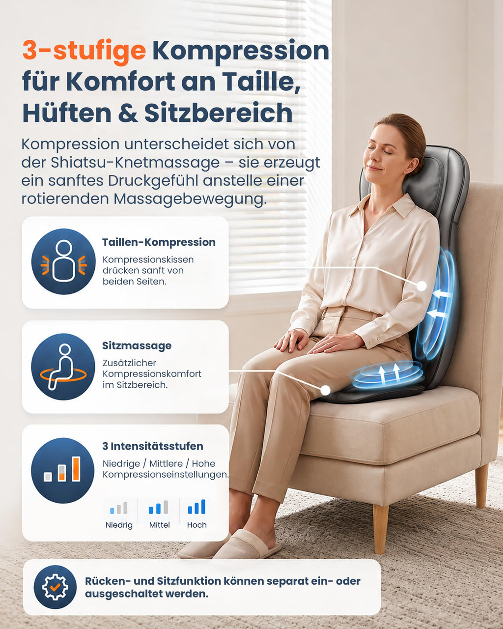 Shiatsu Massagesitzauflage mit Wärme für Rücken Nacken Schulter Entspannung Stressabbau ergonomisch