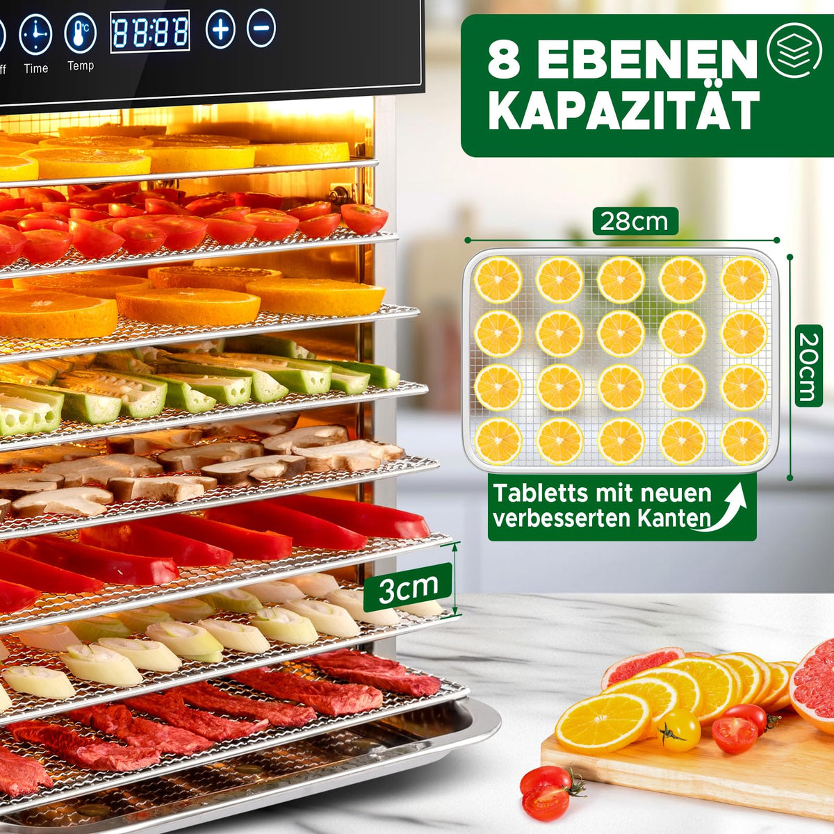Dörrautomat Edelstahl 8 Etagen 30 bis 90 °C Timer 24 h ohne BPA für Obst Fleisch Gemüse Kräuter Rezeptheft