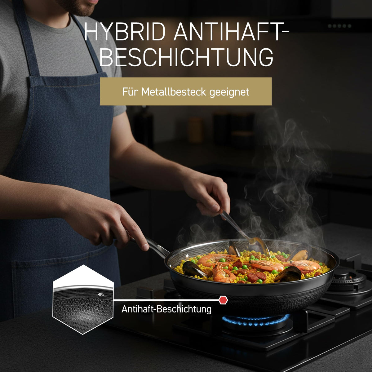 Hybrid Wok 30 cm Durchmesser Edelstahl Wokpfanne pflegeleicht für alle Herdarten inkl Induktion