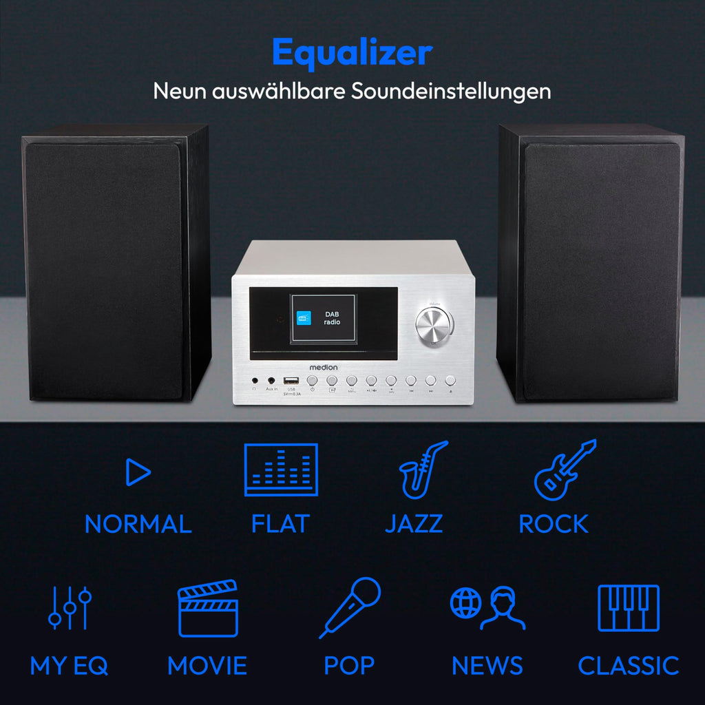 P85003 Micro Audio System Kompaktanlage Internetradio DAB Plus PLL UKW Radio Bluetooth USB AUX 2x150 W Silber