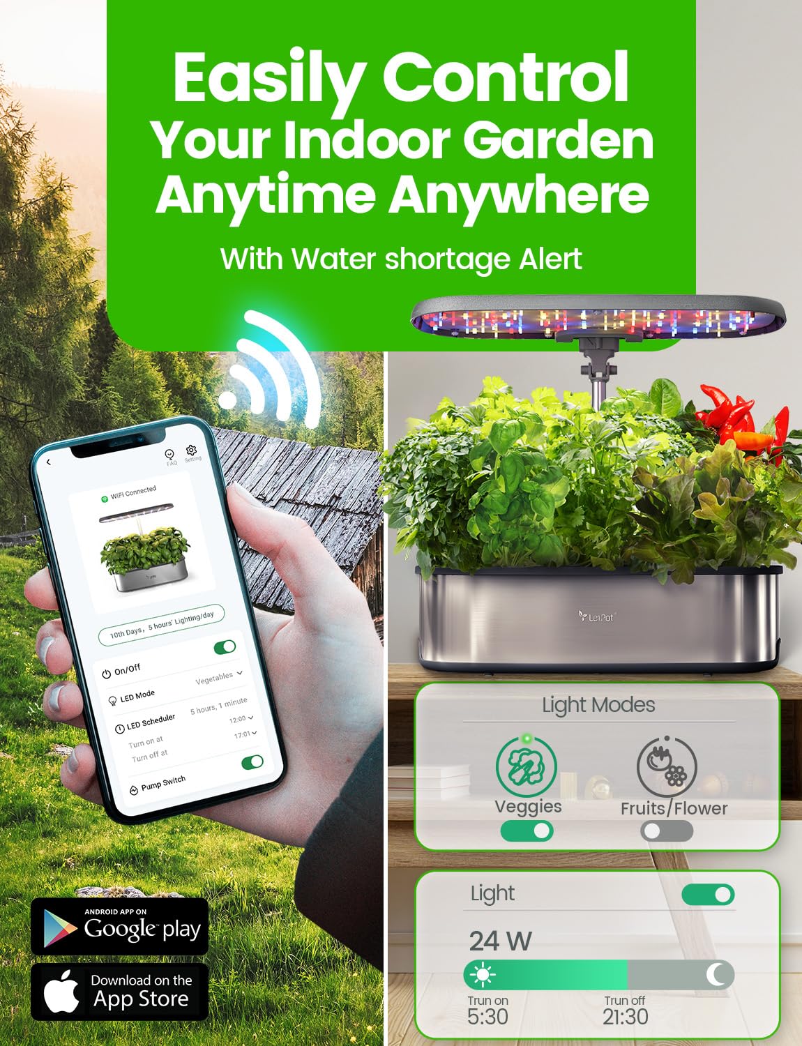 LPH-SE WiFi Hydroponik Anzuchtsystem 12 Hülsen Smart Herb Garden Kit Indoor 24W LED 5,5L Tank Pumpsystem Timer