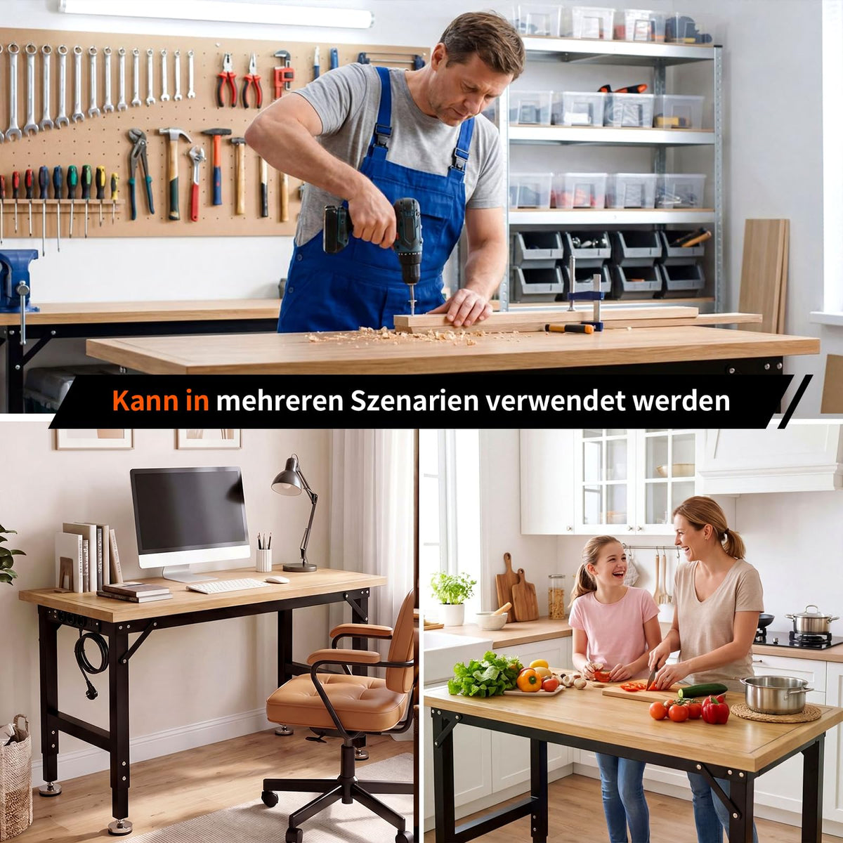 Schwerlast Werkbank verstellbar 122 cm Werktisch aus Gummibaumholz robuste Arbeitsbank für Werkstatt