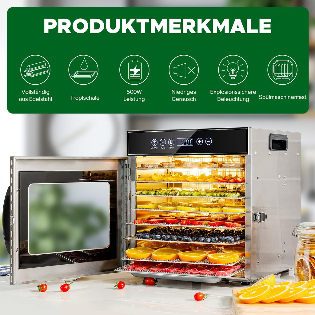 Dörrautomat Edelstahl 8 Etagen 30 bis 90 °C Timer 24 h ohne BPA für Obst Fleisch Gemüse Kräuter Rezeptheft