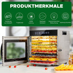 Dörrautomat Edelstahl 8 Etagen 30 bis 90 °C Timer 24 h ohne BPA für Obst Fleisch Gemüse Kräuter Rezeptheft