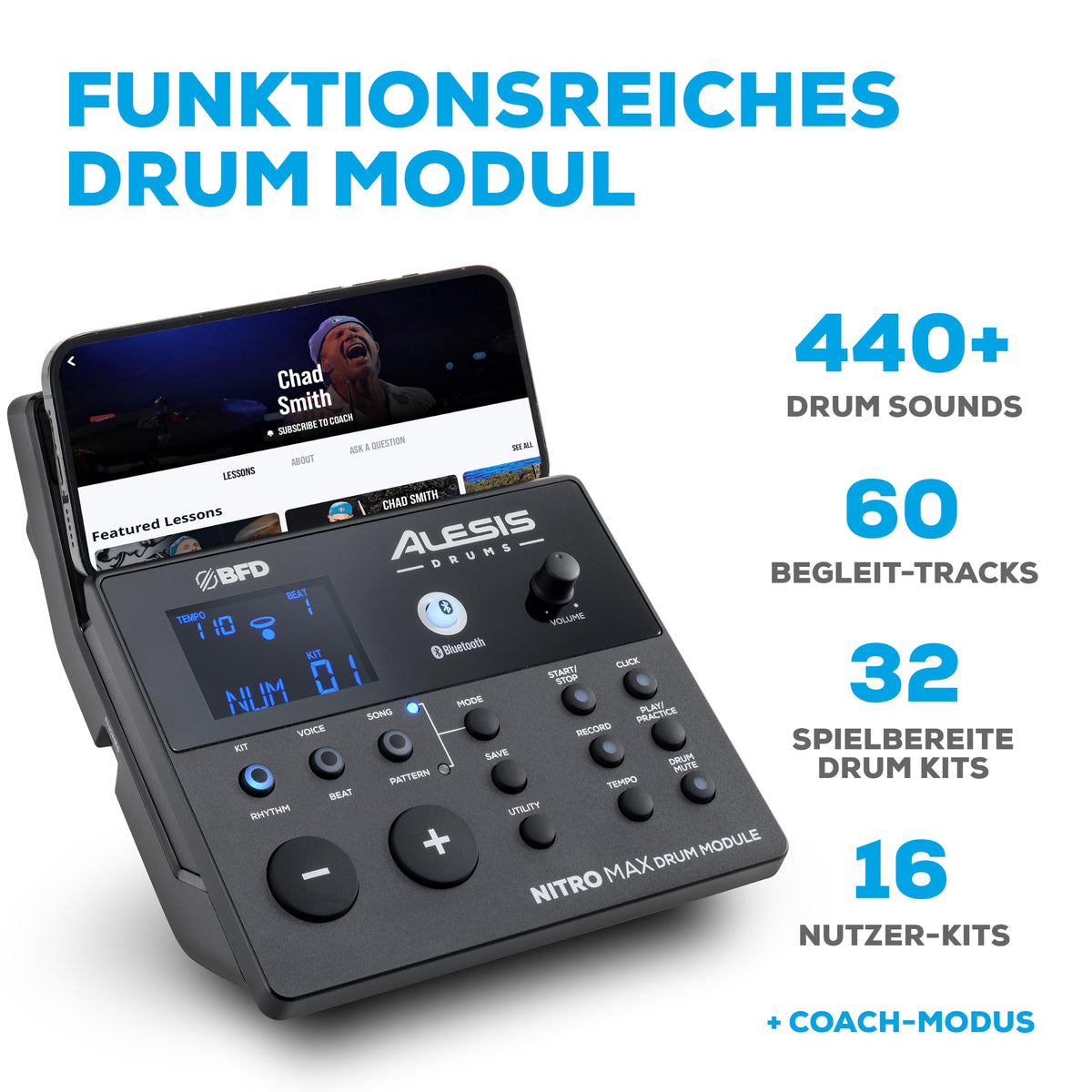 Nitro Max kompaktes elektronisches Schlagzeug E Drum Set mit Mesh Pads 10 Zoll Snare Bluetooth 400 Sounds