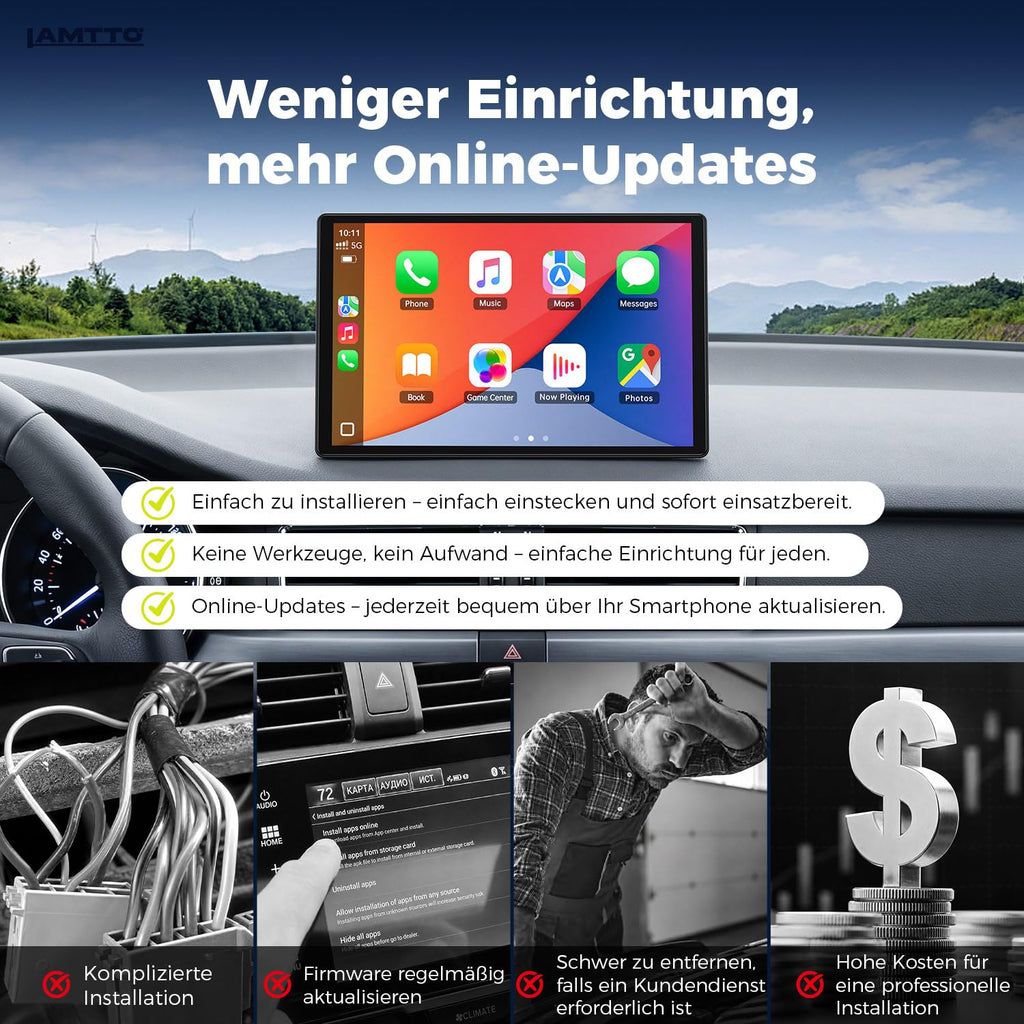 2026 Upgrade 11 Zoll Wireless CarPlay Display Android Auto Navigation Bluetooth AUX für alle Fahrzeuge