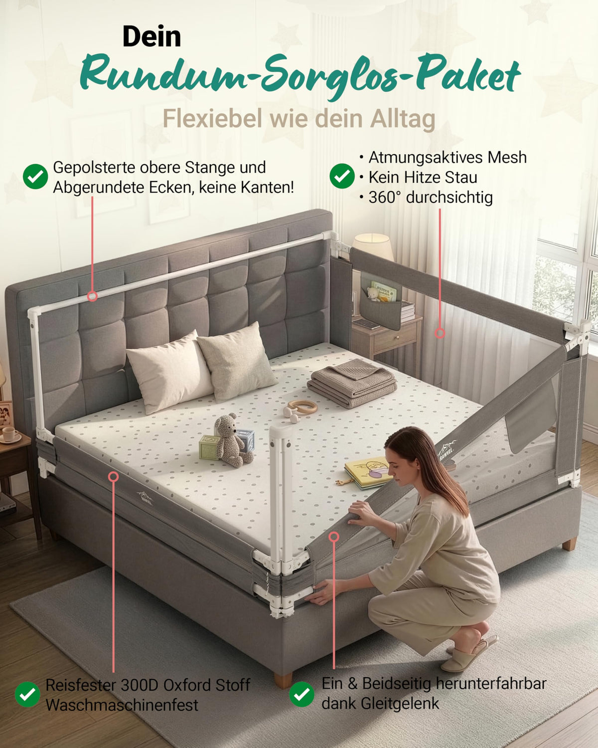 Bettgitter Rausfallschutz Boxspringbett 180x200 cm 3 Seiten Stange laborgeprüft Elternbett deutsche Anleitung