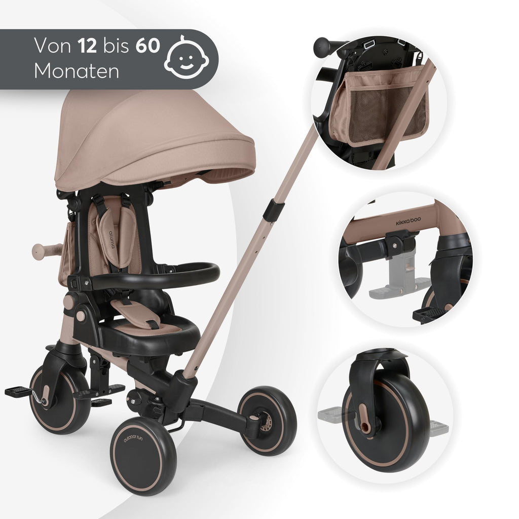 Dreirad mit Schubstange 8 in 1 ALUMA faltbares Kinderfahrzeug drehbarer Sitz 5 Punkt Gurt Alu beige
